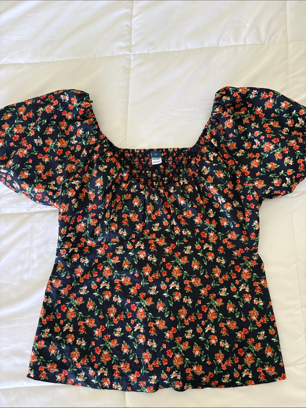 Old Navy Black Floral Puff-Sleeve Square Neck Blouse